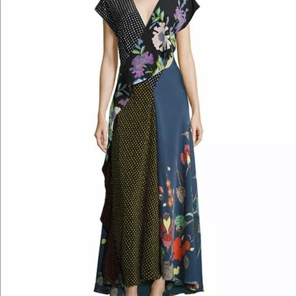 Diane von Furstenberg Draped Floral & Dot Silk Maxi Patch Dress - Picture 2 of 7